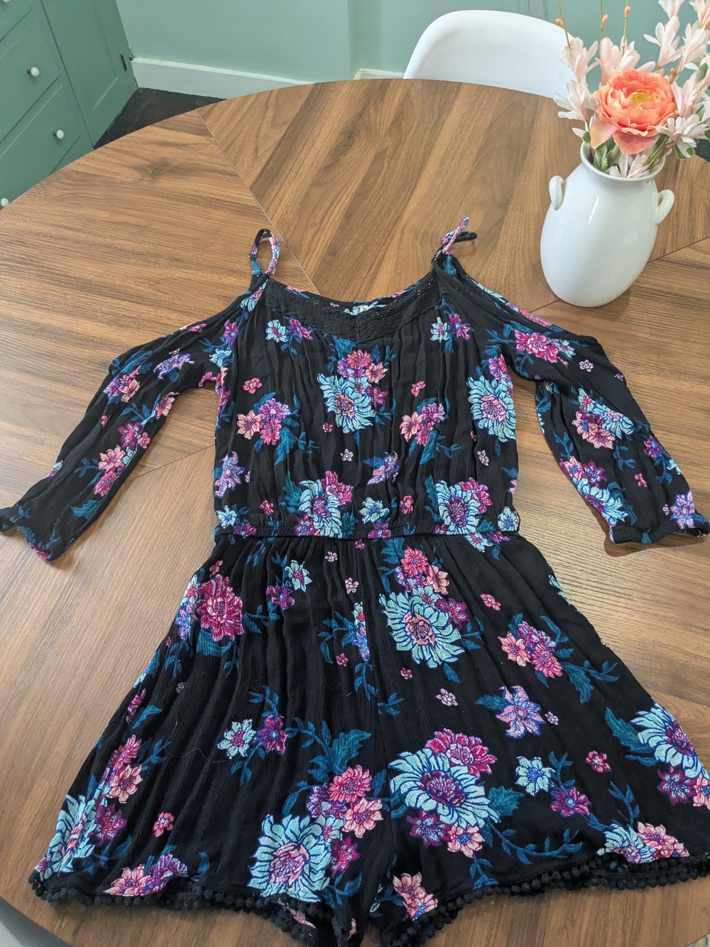 Mudd Black Cold-Shoulder Floral Romper - Pink & Teal Flowers